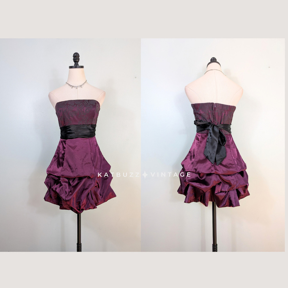Vintage Prom Dress Mini Gown 6 Purple Black Y2K Bubble Strapless Hoco Glam Goth